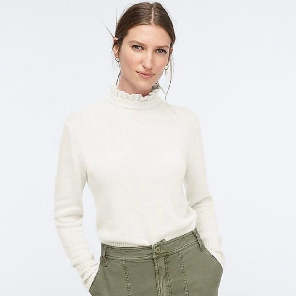 J. Crew Wool Blend Cream Ruffle Mock Neck Knit Sweater